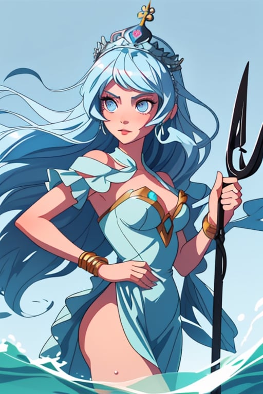 beautiful water goddess with light blue eyes light blue hair wearing a dress and a silver crown with a trident in her hand