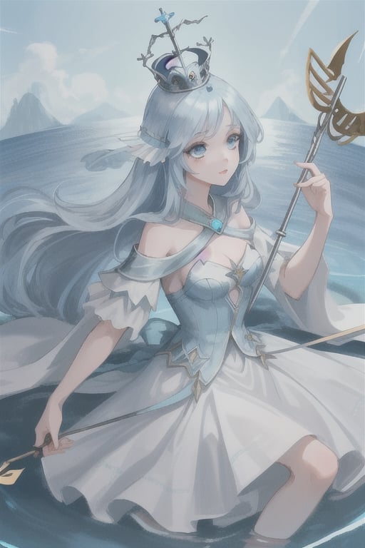 beautiful water goddess with light blue eyes light blue hair wearing a dress and a silver crown with a trident in her hand