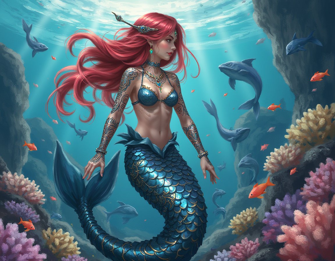 In the style of ohwx, A mermaid with colorful, flowing hair and intricate tattoos, surrounded by underwater coral and sea creatures.