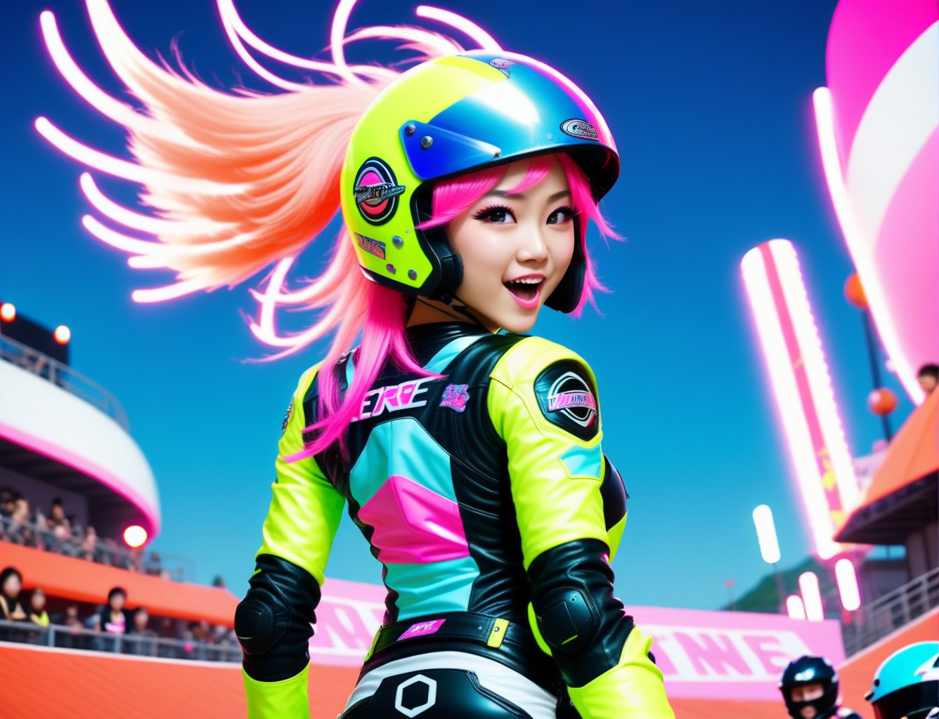 In the motorcycle arena, the stunt rider pops wheelies for the cheering crowd. Hair streaming behind her helmet, she lives for the thrill. (Neon colors, adventurecore), gravure bright, kawaii aesthetic