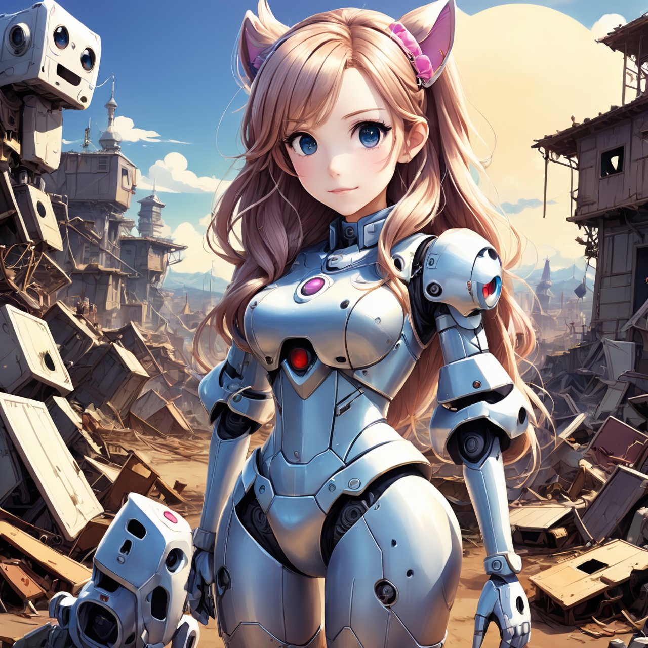 Anime-style portrait of a Belle Delphine robot amidst a junkyard. The scene has a Granblue Fantasy aesthetic, with her wide gorgeous eyes and smooth cell shading contrasting the grimy background.