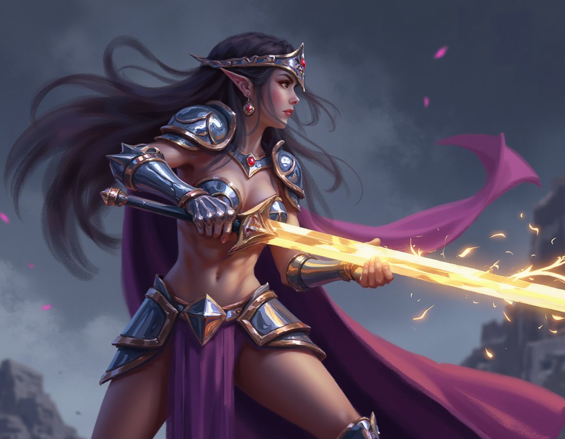 In the style of ohwx, A warrior princess, dressed in armor and wielding a glowing sword. The warrior is depicted in a dramatic pose, with swirling energy and sparks emanating from her sword.