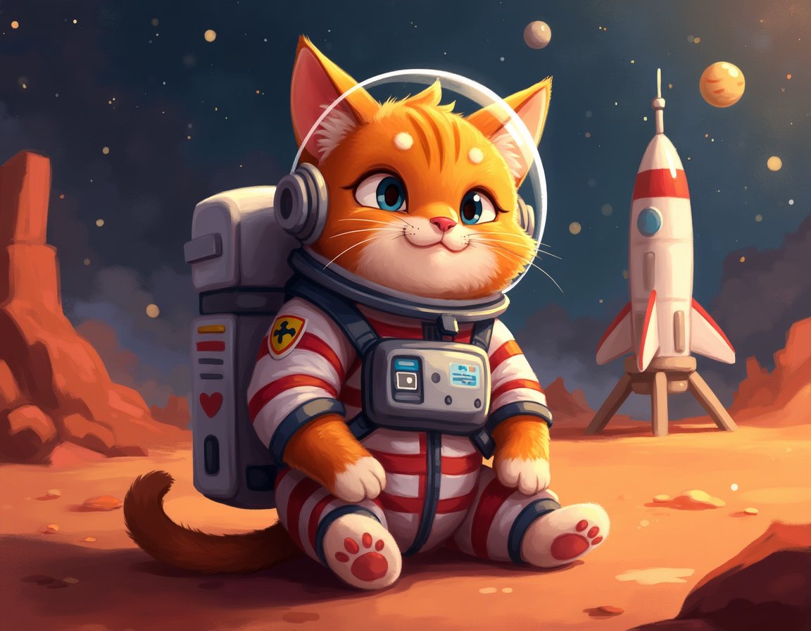 In the style of ohwx, Tabby cat astronaut sitting proudly in her spacesuit before a launch to Mars.