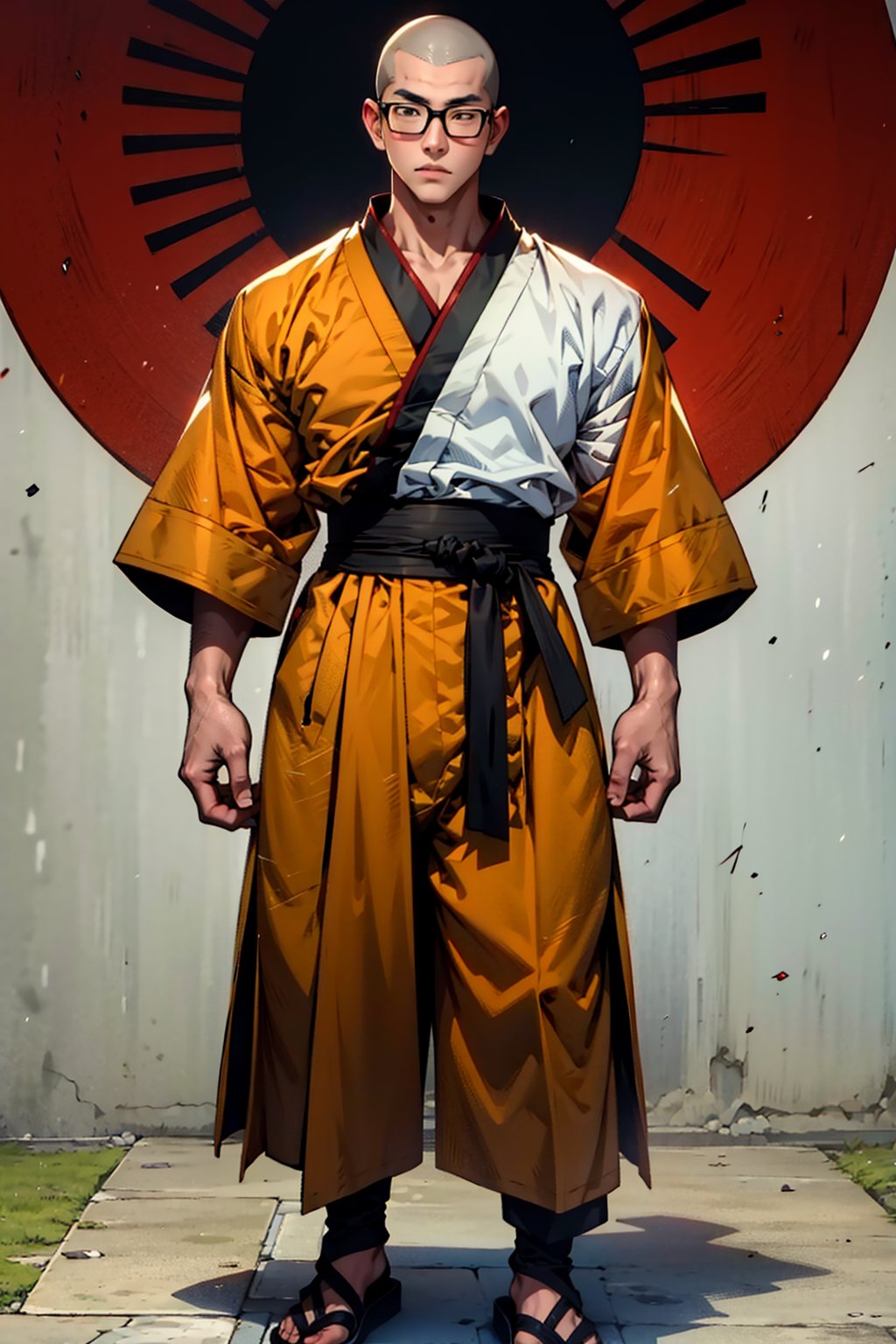 18 year old Japanese young man, black short-hair, 
Glasses, Intricate monge shaolin clothes