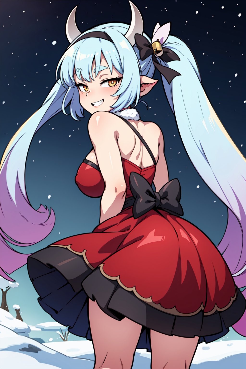 caturawinter, horns, (gradient hair), red dress,frilly skirt,  halterneck, hair band, space hair, twintails, (very long hair:1.3), (from behind), bare elbows, sleeveless, bare arms, hair bow, neck bell, huge breasts, standing, starry sky, windy day, winter, snow, tree, night,  grin, looking at viewer,bent over, 