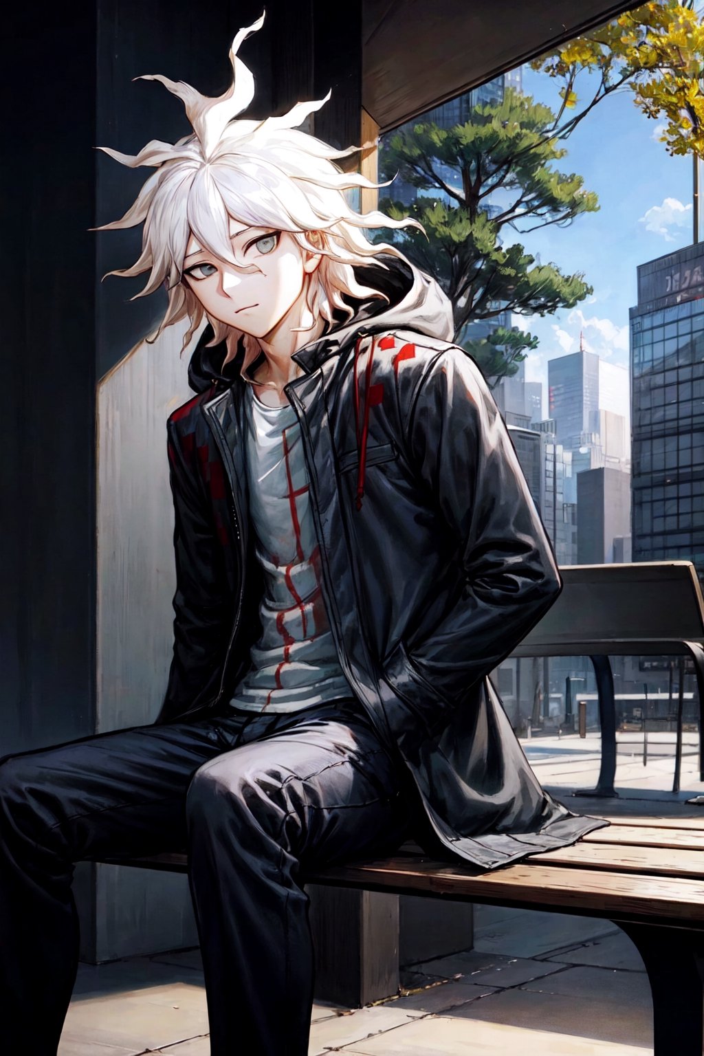 Komaeda_Nagito, 1boy, white hair, close up, jacket, sitting, on bench, looking at viewer, city, tree, shadow,outdoors,