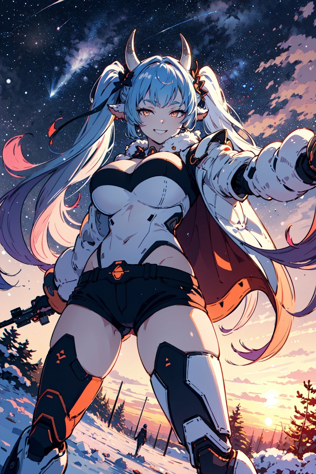 caturarnd,1girl, robot, cyberpunk white armor, cyber legs, gradient hair, from below, orange eyes, horns,twintails, (very long hair:1.2), close up, huge breasts,  grin, looking at viewer, standing, spread legs, sunset, winter, snow, tree, outdoors, starry sky, shooting star,  