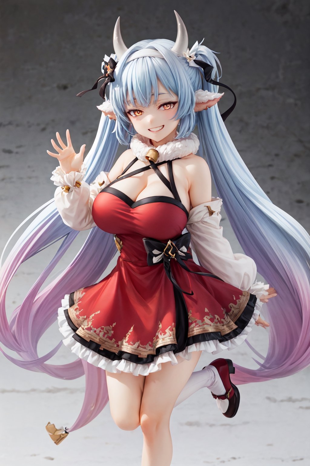 caturawinter, 1girl, gradient hair, orange eyes, horns, red dress, frilly skirt, halterneck, hair band,twintails, (very long hair:1.2), focus face, bare shoulders,bare hands, hair bow, neck bell,standing on one leg,  huge breasts,  grin, looking at viewer, 