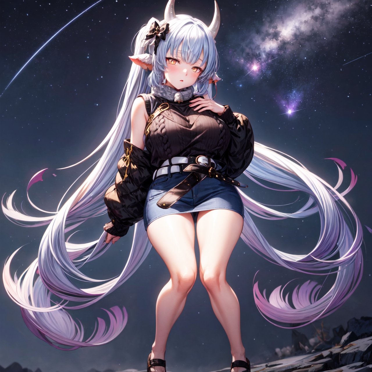 caturawinter, 1girl, gradient hair, (bare arms), orange eyes, horns, casual clothes, (black sweater:1.3), Belted Skirt, (very long hair), twintails, short,  (huge breasts), looking at viewer,outdoors, full body, starry sky, shooting stars, night,