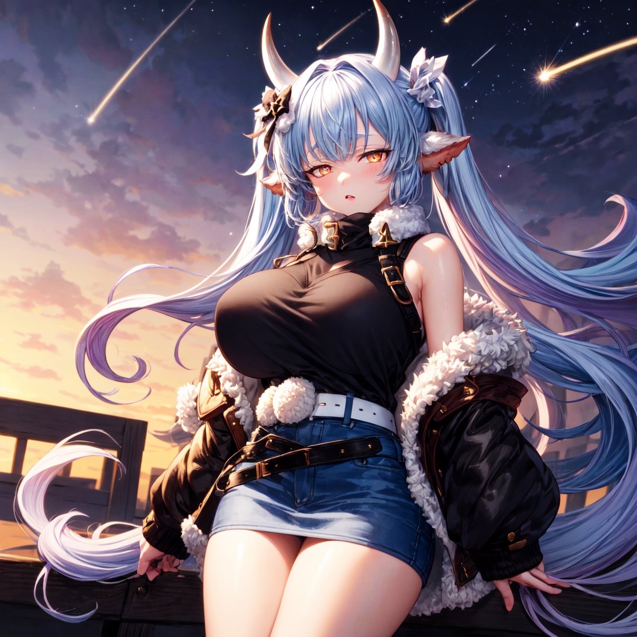 caturawinter, 1girl, gradient hair, (bare arms), orange eyes, horns, casual clothes, (black sweater:1.3), Belted Skirt, (very long hair), twintails, short,  (huge breasts), looking at viewer,outdoors, starry sky, shooting stars, night, sunset, 