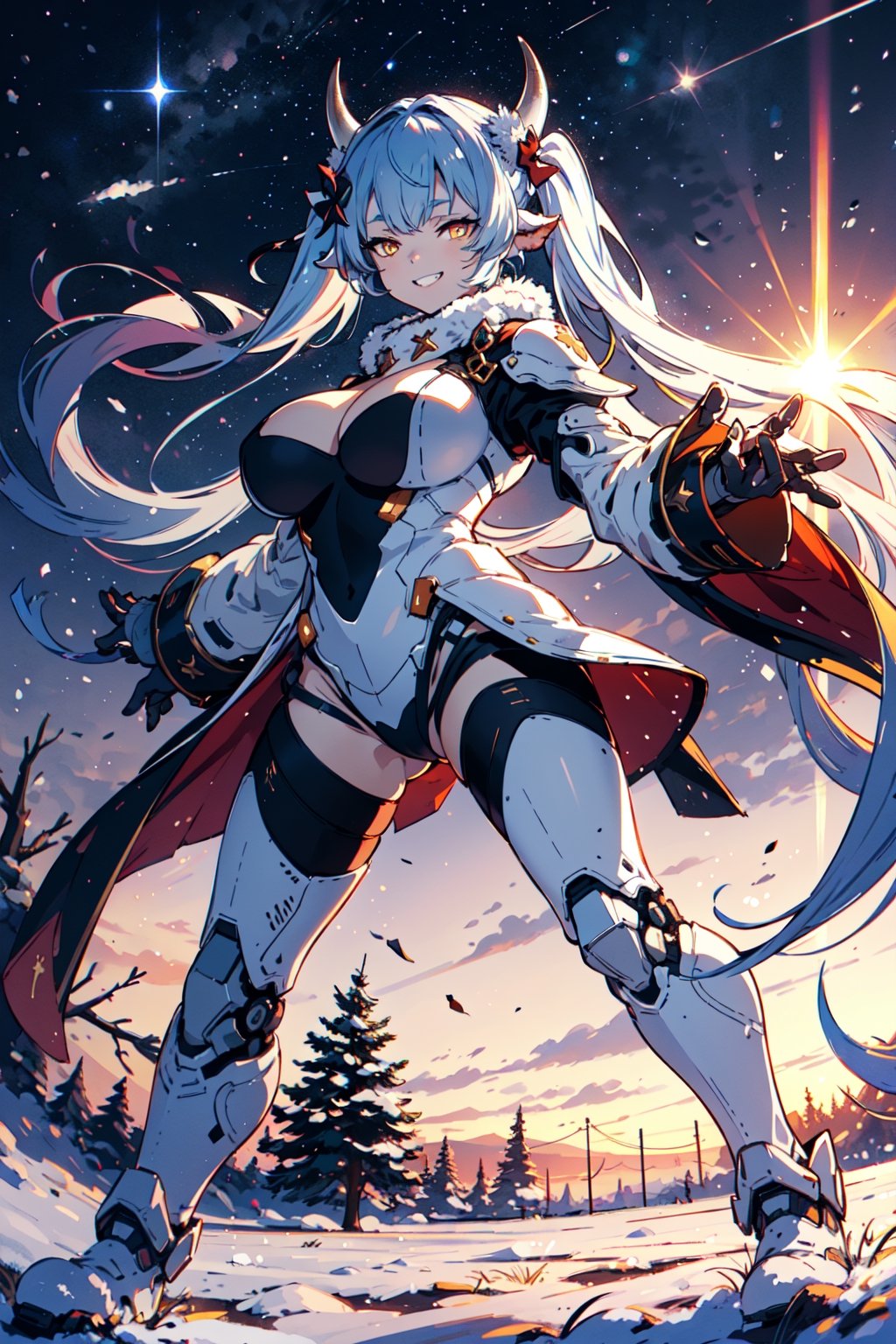 caturarnd,1girl, robot, cyberpunk white armor, cyber legs, gradient hair, from below, orange eyes, horns,twintails, (very long hair:1.2), close up, huge breasts,  grin, looking at viewer, standing, spread legs, sunset, winter, snow, tree, outdoors, starry sky, shooting star,  