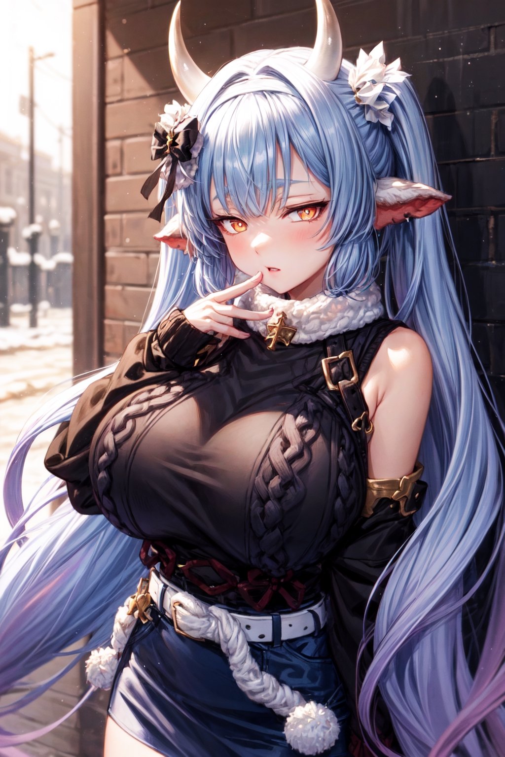 caturawinter, 1girl, gradient hair, (bare arms), orange eyes, horns, (black sweater:1.3), Belted Skirt, (very long hair), twintails, short,  (huge breasts), looking at viewer,outdoors,