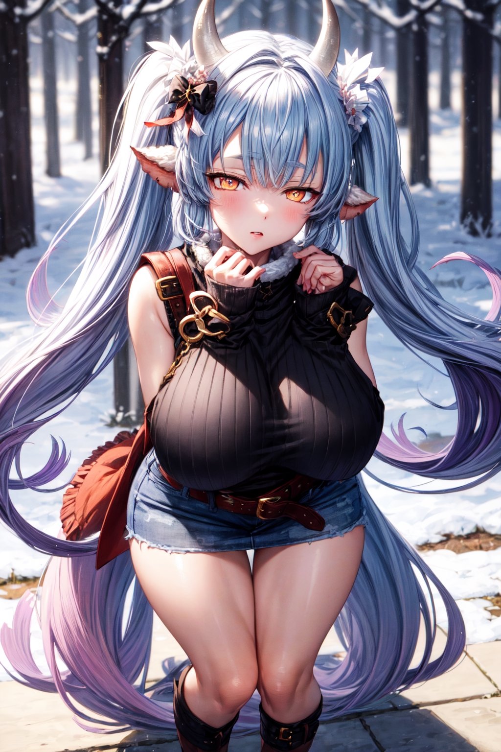 caturawinter, 1girl, gradient hair, (bare arms), orange eyes, horns, casual clothes, (black sweater:1.3), Belted Skirt, (very long hair), twintails, short,  (huge breasts), looking at viewer,outdoors, full body,