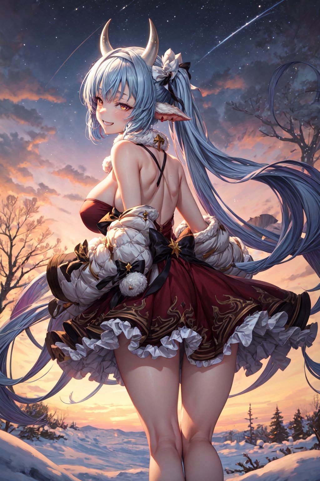 caturawinter, horns, red dress,frilly skirt,  halterneck, hair band,gradient hair, space hair, twintails, (very long hair:1.3), (from behind),bare shoulders, bare arms, hair bow, neck bell, huge breasts, standing on one leg,, starry sky, windy day, winter, snow, tree, night,  grin, looking at viewer,bent over, 