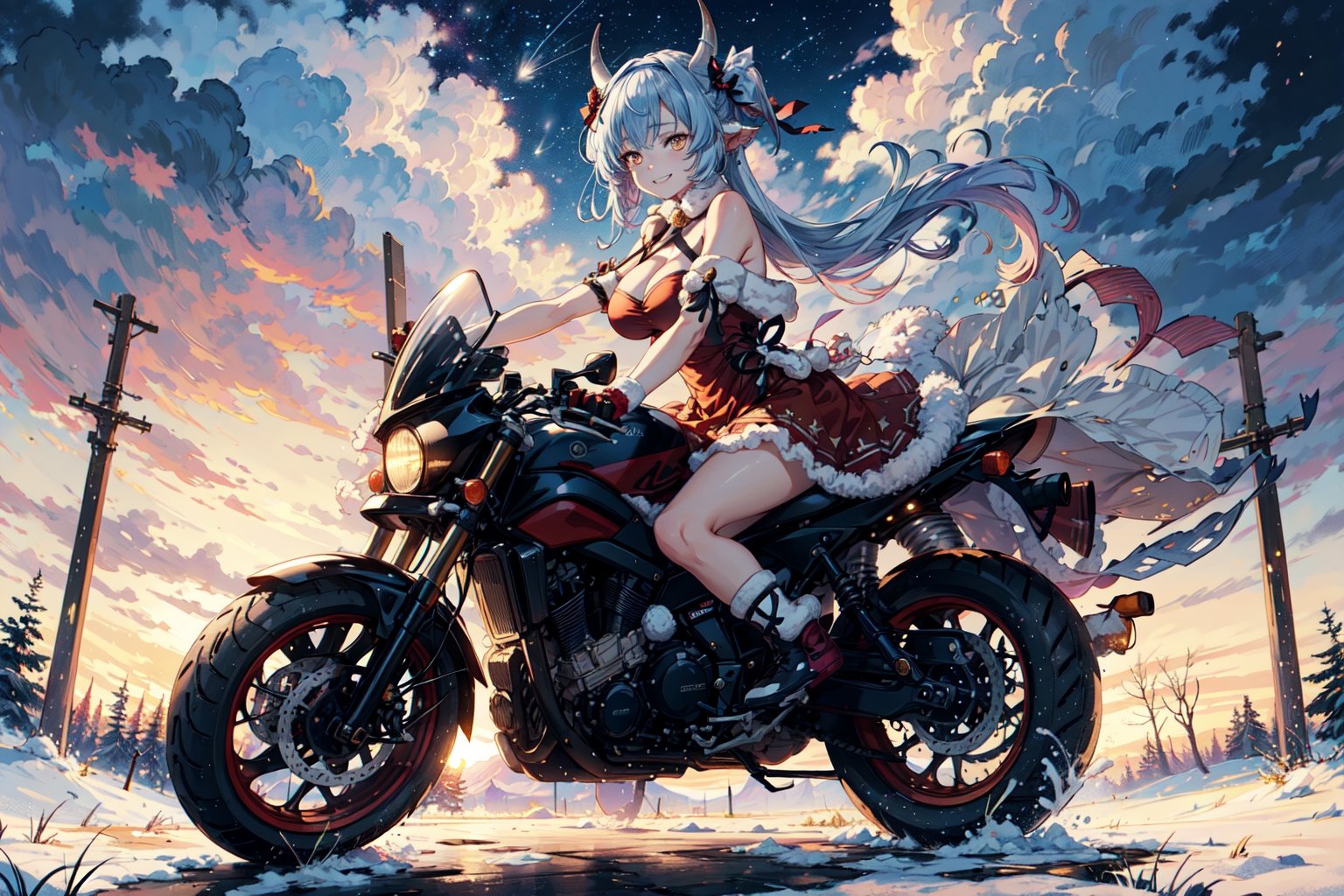 caturawinter, 1girl, gradient hair, orange eyes, horns, red dress, frilly skirt, halterneck, hair band,twintails, (very long hair:1.2),bare shoulders,bare hands, hair bow, neck bell, huge breasts,  grin, looking at viewer, (riding On motorcycle), hands on steering wheel,hands on sunset, winter, snow, forest, outdoors, starry sky, shooting star,  