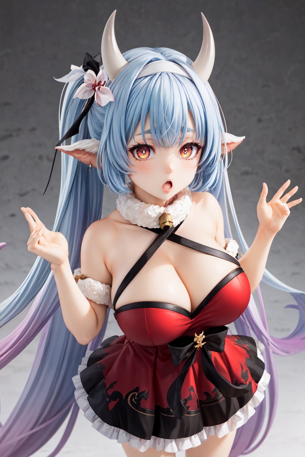 caturawinter, 1girl, gradient hair, orange eyes, horns, red dress, frilly skirt, halterneck, hair band,twintails, (very long hair:1.2), from above, focus face, bare shoulders,bare hands, hair bow, neck bell, huge breasts,  :o, shocked, looking at viewer, 