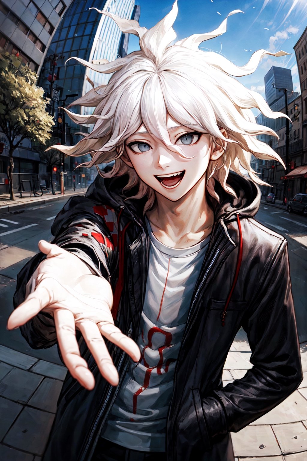 Komaeda_Nagito, 1boy, white hair, close up, jacket, crazy laugh, standing, open hands, hands at sides, symmetrical,fisheye, looking at viewer, city, tree, shadow,outdoors,