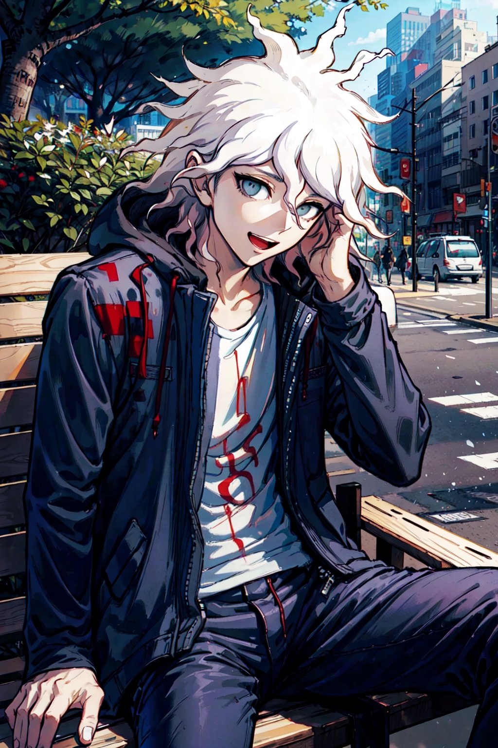 Komaeda_Nagito, 1boy, white hair, close up, jacket, :d, awkward, sitting, on bench, looking at viewer, city, tree, shadow,outdoors,