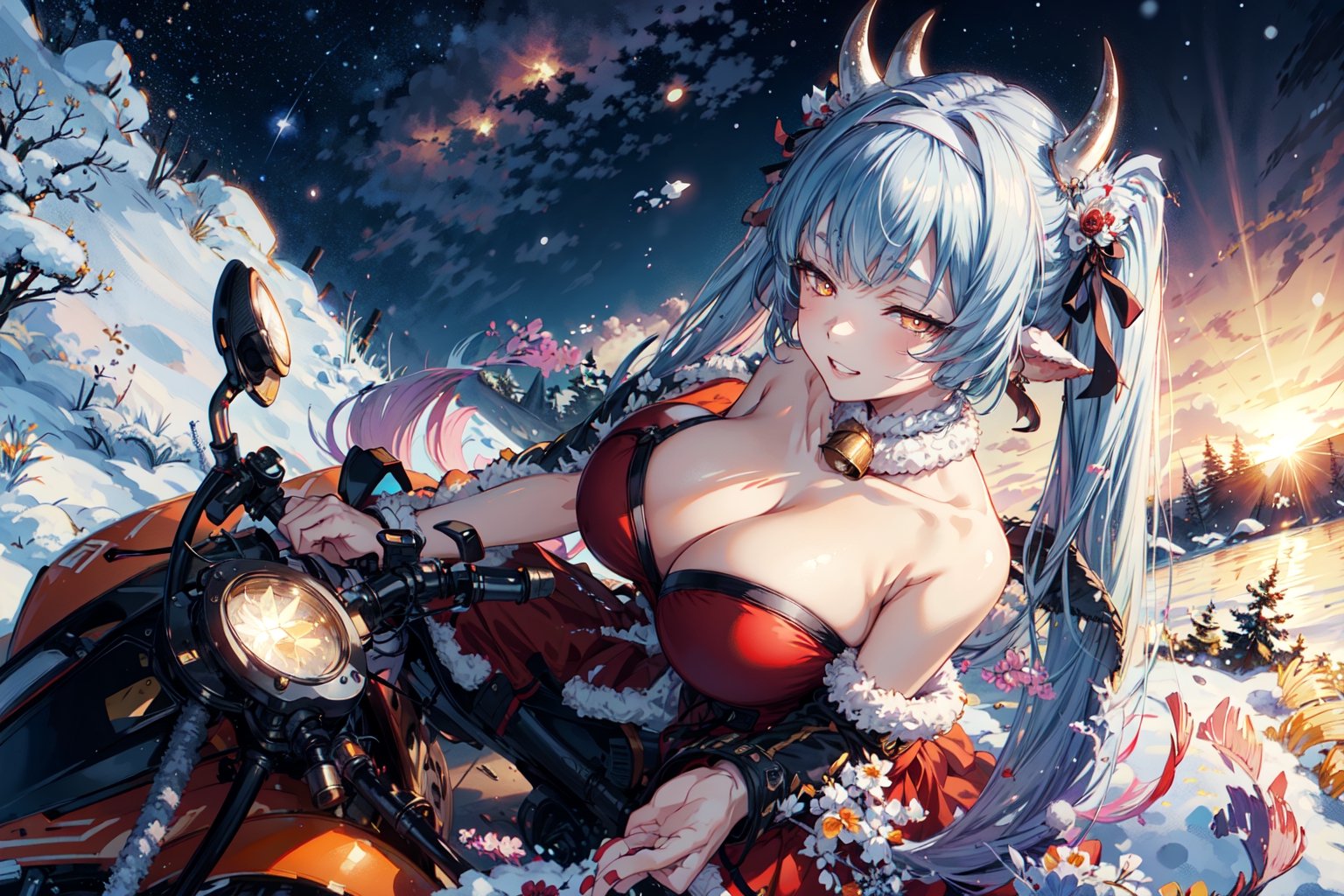 caturawinter, 1girl, gradient hair, orange eyes, horns, red dress, frilly skirt, halterneck, hair band,twintails, (very long hair:1.2), from above, focus face, bare shoulders,bare hands, hair bow, neck bell, huge breasts,  grin, looking at viewer, (riding On motorcycle), hands on steering wheel,hands on sunset, winter, snow, forest, outdoors, starry sky, shooting star,  