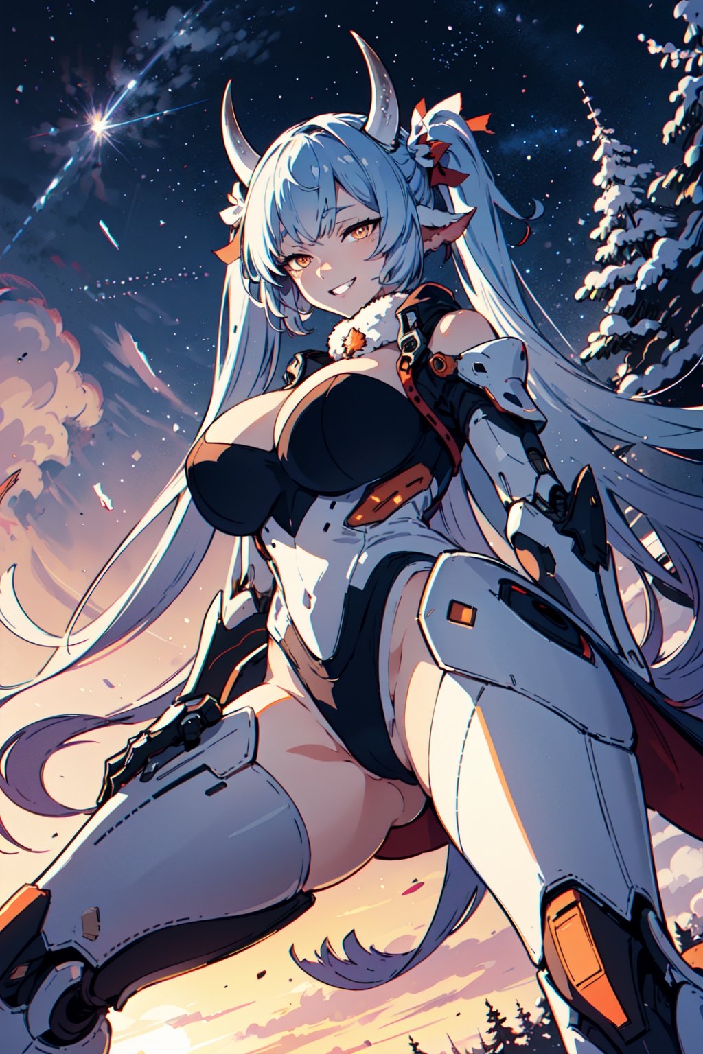 caturarnd,1girl, robot, cyberpunk white armor, cyber legs, gradient hair, from below, orange eyes, horns,twintails, (very long hair:1.2), close up, huge breasts,  grin, looking at viewer, standing, spread legs, sunset, winter, snow, tree, outdoors, starry sky, shooting star,  