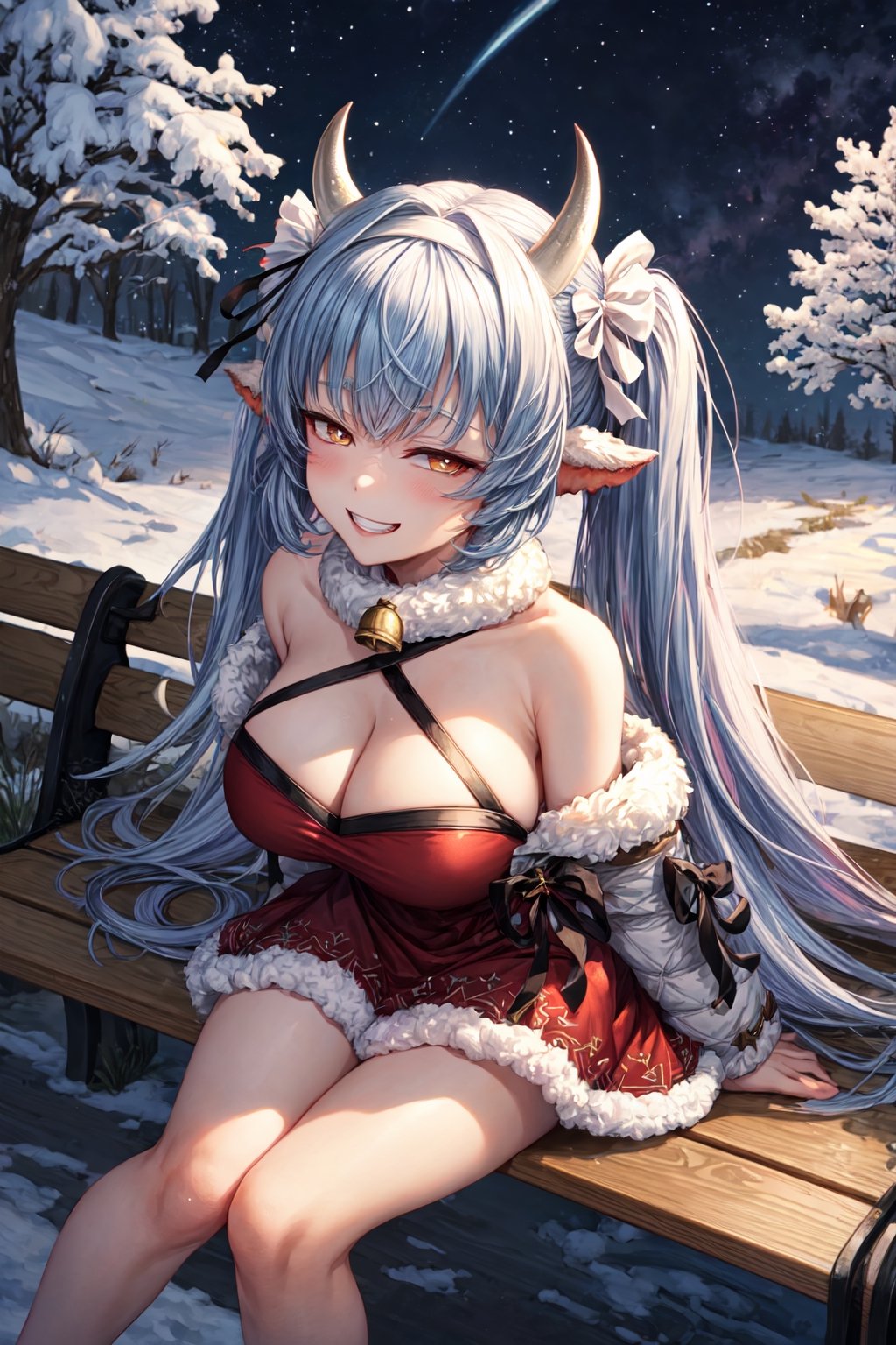 caturawinter, horns, red dress,frilly skirt,  halterneck, hair band,gradient hair, space hair, twintails, (very long hair:1.5), from above,bare shoulders, bare arms, hair bow, neck bell, huge breasts, sitting, on bench, starry sky, windy day, winter, snow, tree, night,  grin, looking at viewer,bent over, 