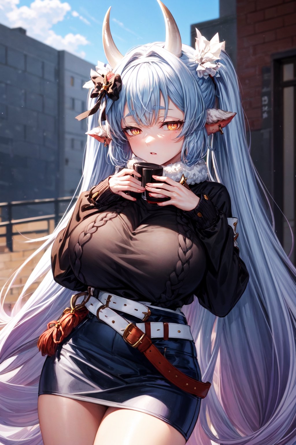 caturawinter, 1girl, gradient hair, (bare arms), orange eyes, horns, casual clothes, (black sweater:1.3), Belted Skirt, (very long hair), twintails, short,  (huge breasts), looking at viewer,outdoors,