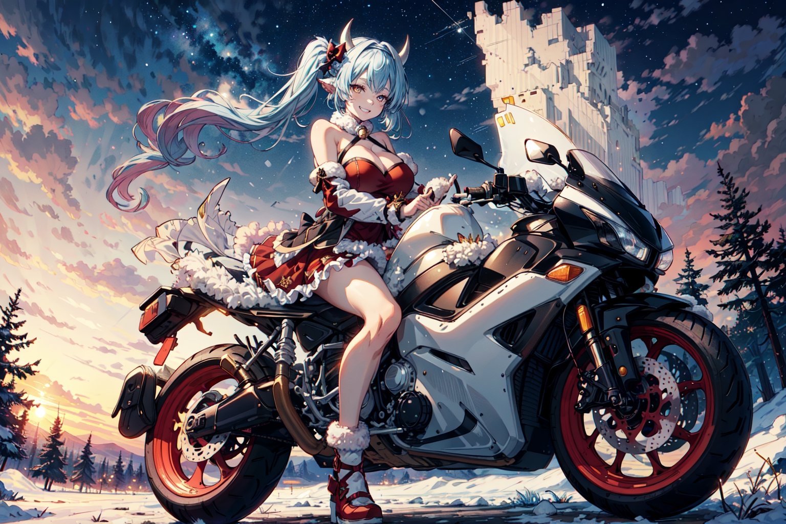 caturawinter, 1girl, gradient hair, orange eyes, horns, red dress, frilly skirt, halterneck, hair band,twintails, (very long hair:1.2),bare shoulders,bare hands, hair bow, neck bell, huge breasts,  grin, looking at viewer, (riding On motorcycle), sunset, winter, snow, forest, outdoors, starry sky, shooting star,  