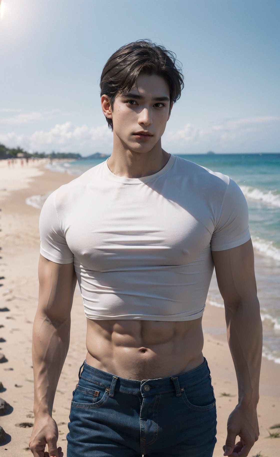 (A full body portrait of a handsome caucasian mix asian male), (big muscular body), (8k, RAW photo, photorealistic:1.25), (hyper detailed skin:1.25), well sunlit, at the beach, ((looking at viewer)), brunette, (hyper detailed brown eyes:1.25), (hyper detailed facial features:1.25), crop top, skinny_jeans