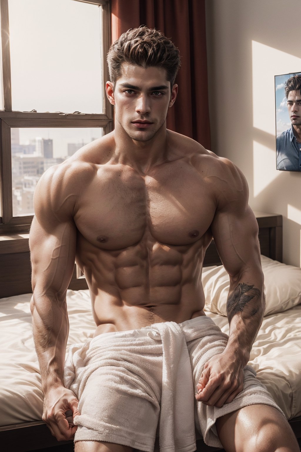 (A full body portrait of a handsome caucasian mix asian male), (sexy muscular body), (8k, RAW photo, photorealistic:1.25), (hyper detailed skin:1.25), well sunlit, bedroom, ((looking at viewer)), brunette, (hyper detailed brown eyes:1.25), (hyper detailed facial features:1.25), white towel, shirtless