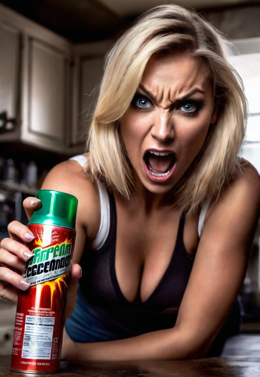 too many Cockroaches attack a beautiful blonde American woman, she screams in fear as she holds up a can of insecticide spray, dramatic angle and pose, perfect female anatomy, realistic and detailed, horror movie poster style, surreal, kitchen room, masterpiece,low-key,dark