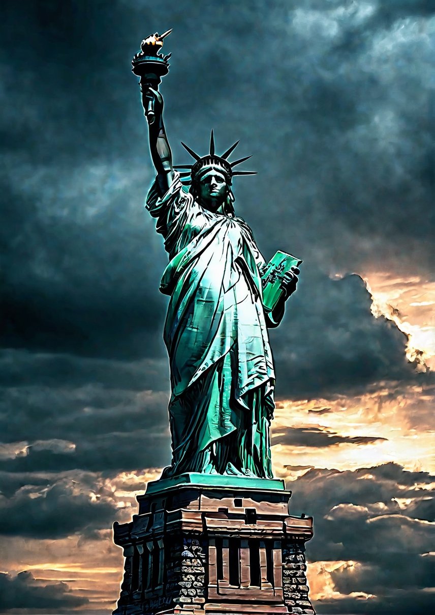 landscape, America, Statue of Liberty, eerie sky, dramatic angles, realistic and detailed action movie style, surreal, masterpiece,