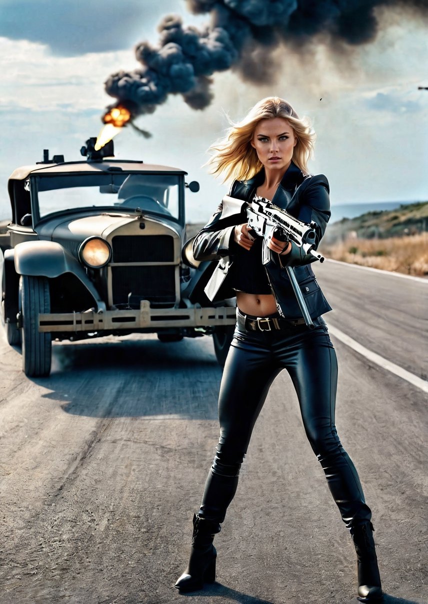 standing a beautiful american blonde woman, a hand in a machine-gun, dramatic angles, realistic and detailed action movie style, Italian coast roads, Car exploding on the road, eerie skies, surreal, masterpieces,