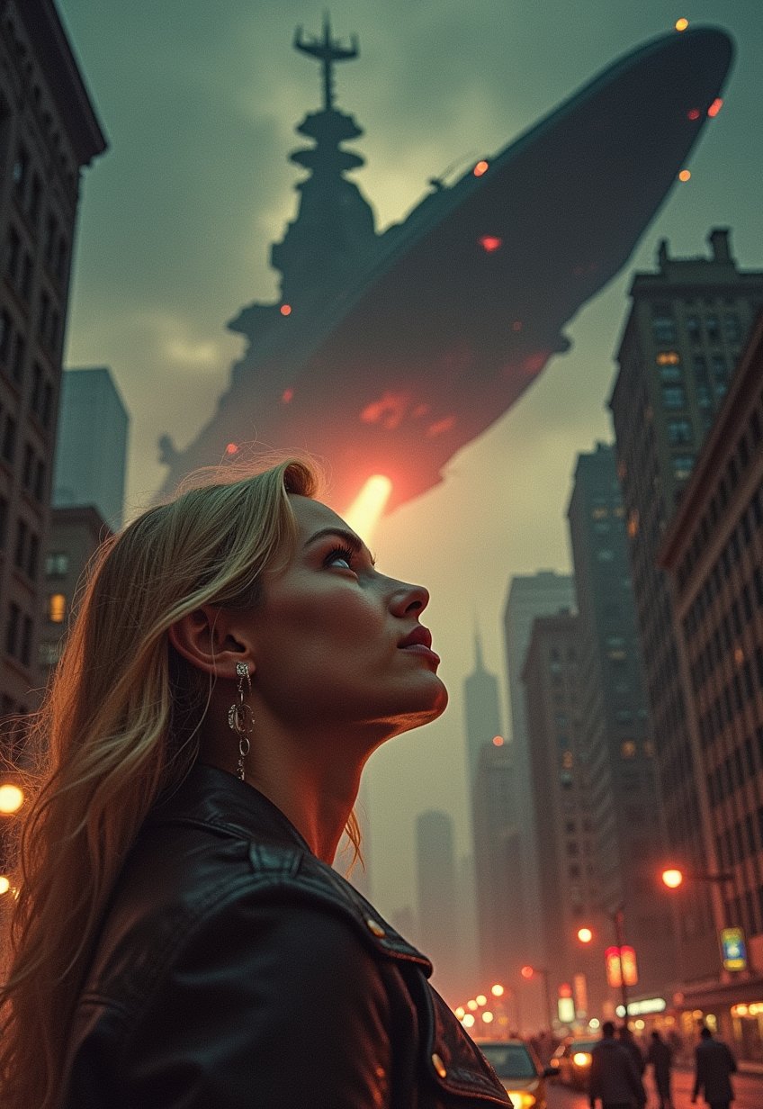   Old, Vintage: 1.2), (SF movie poster: 1.3), (big title, alien invasion, subtitles: 1.3), (Britt Lind: 1.3), (Britt Lind, a beautiful blonde woman, looks up in amazement at the sight of a huge battleship-like spaceship in the sky: 1.2), New York, over Manhattan, the people are panicking, (dark atmosphere: 1.1)