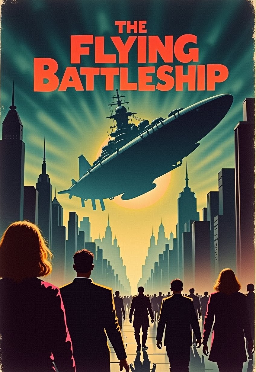   Old, Vintage: 1.2), (science fiction movie poster: 1.3), (((big title, THE FLYING BATTLESHIP, subtitles: 1.3))), (Britt Lind: 1.3), (Britt Lind, a beautiful blonde woman, is shocked when she sees a huge battleship-like spaceship appearing in the sky: 1.2), People are panicking in the skies above Manhattan, New York, (eerie, shadowy, gloomy and dark atmosphere: 1.1)