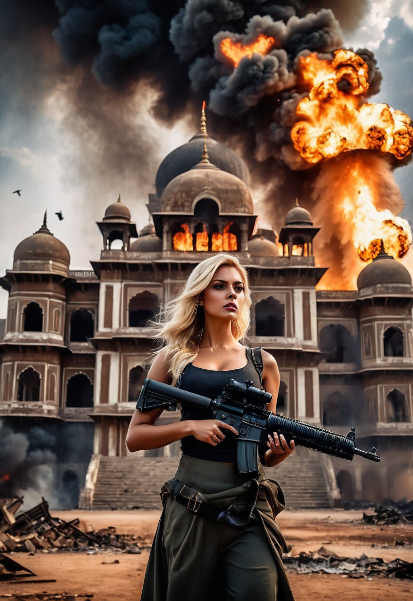 Beautiful American blonde woman, machine gun in hand, in front of an exploding and burning Indian Maharaja palace, ominous sky, dramatic angle, realistic and detailed horror movie style, surreal, masterpiece,