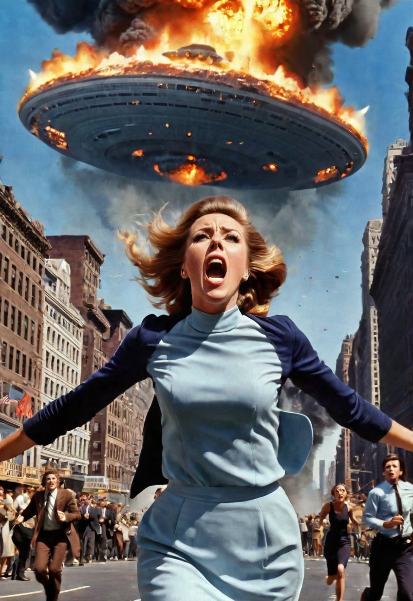 1970s, beautiful British woman screaming in fear, lots of peoples running in the background, dramatic angle, perfect female anatomy, realistic and detailed, movie style, super realistic, in front of the big UFO destroying the city of New-York Manhattan to rays, city is big explosion and flames, masterpiece,