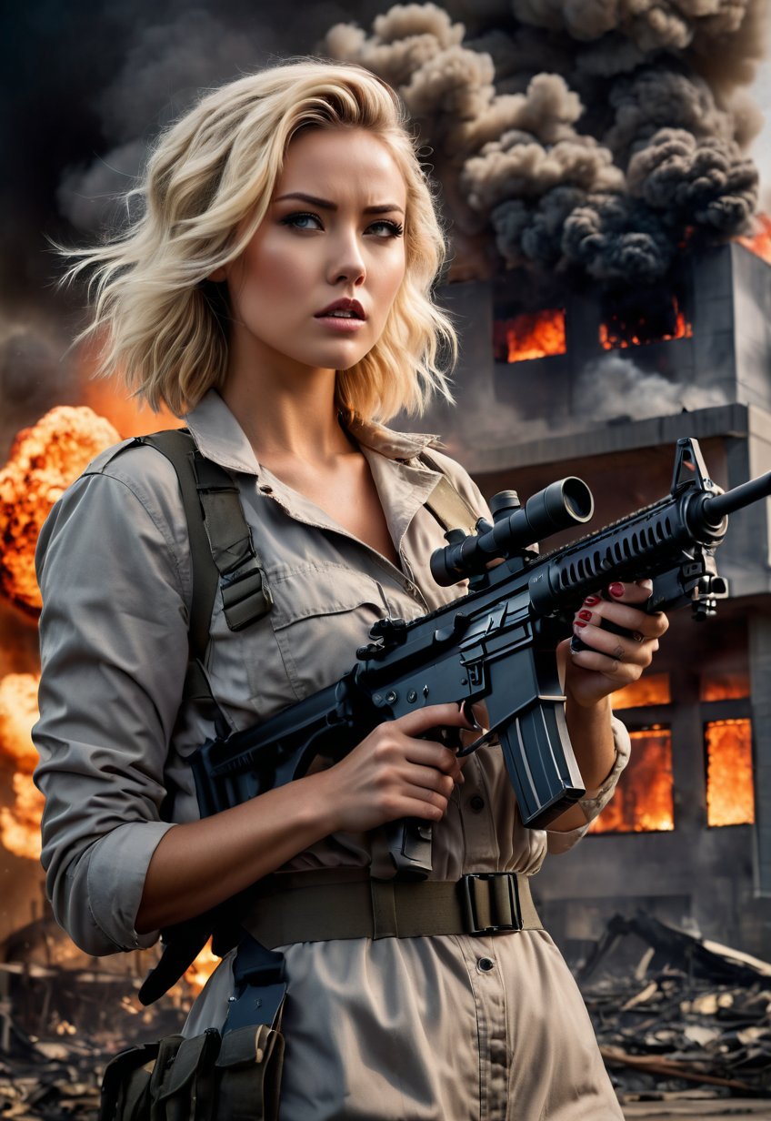 Beautiful American blonde woman with machine gun in hand, in front of an exploding and burning Japanese TV station, ominous sky, dramatic angle, realistic and detailed horror movie style, surreal, masterpiece,