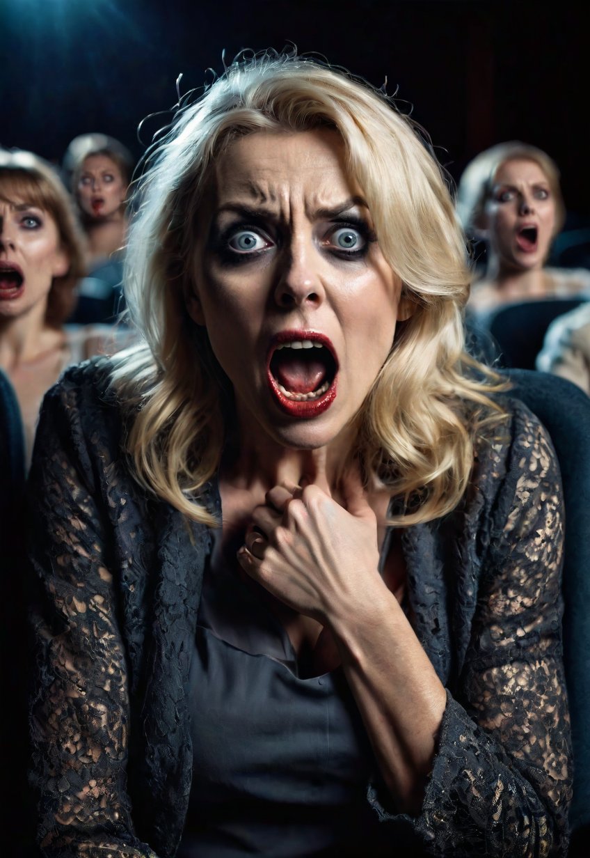 a 50 years old Beautiful blonde British zombie woman sitting in a dimly lit cinema auditorium, (open big wide eyes and mouth very big wide screams in fear), unconscious, dramatic angles and poses, perfect female anatomy, realistic and detailed horror movie poster style, surreal, masterpiece, full body angle,