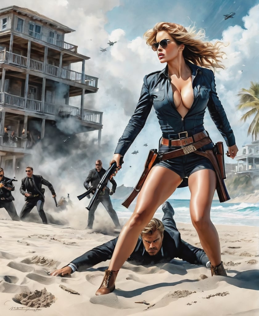 A complex action movie, a very beautiful American woman, a view from the bottom up, dramatic movements, gunfights with gangsters on the beach, atmosphere, cinematography, photography, pencil, watercolor, bright and rich colors, Gabriele Delotto, Charles Victor Tyrion, Karl Eugen Kiel, Karl Lundgren, pencil drawing,masterpiece