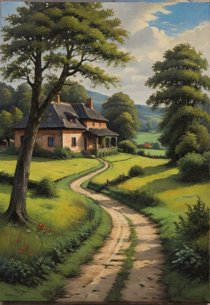 (Soft Lighting Photography), Dark Environment, Black on Black, Very Detailed, Stunning Painting, Oil on Canvas, A detailed and realistic painting of a rural landscape with a dirt path leading to a quaint old house. The layout features a central path surrounded by lush trees reminiscent of early spring. The house has a tiled roof and white walls, showing signs of age and wear. (There are two figures), ((a woman in a red dress and a man in white are conversing on the path)), creating a rural atmosphere. The sky is partly overcast with patches of blue visible here and there.