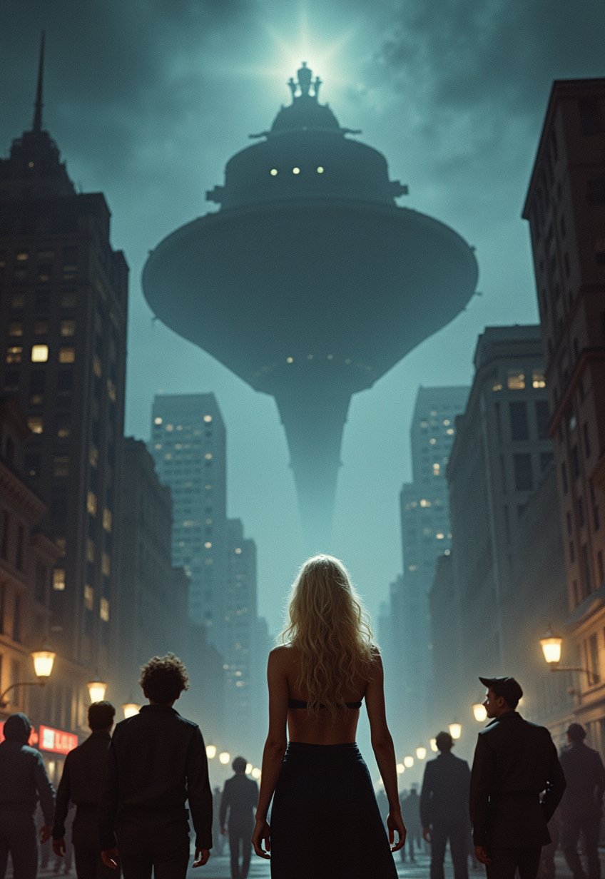 1980s, (SF movie poster: 1.3), (big title, alien invasion, subtitles: 1.3), (Britt Lind: 1.3), (Britt Lind, a beautiful blonde woman, is surprised by a huge battleship-like spaceship that appears in the sky: 1.2), New York, over Manhattan, the people are panicking, (eerie, shadows, gloomy, dark atmosphere: 1.1)