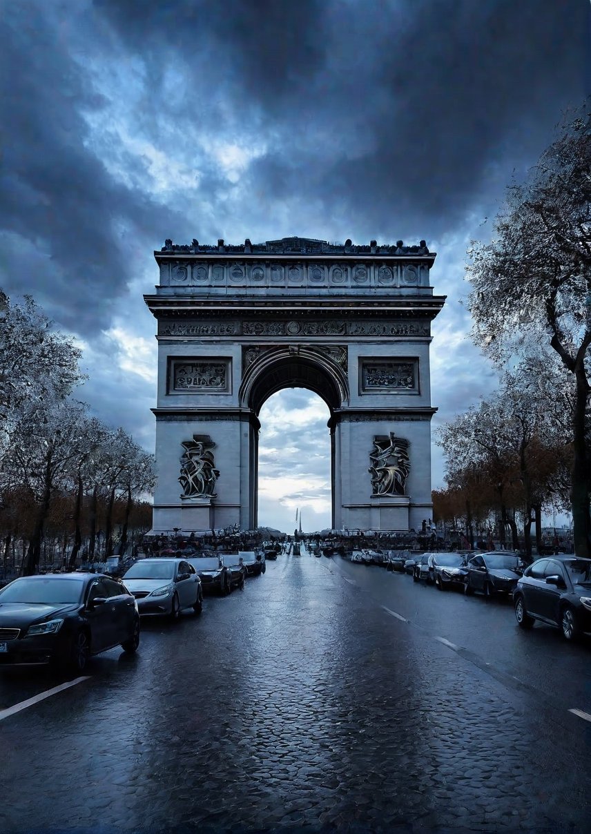 Panoramic view, France, Arc de Triomphe, eerie sky, dramatic angle, realistic and detailed action movie style, surreal, masterpiece,