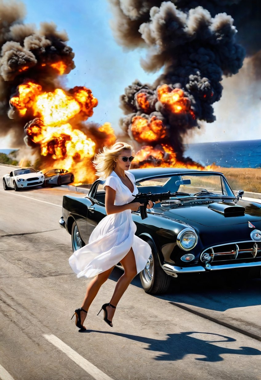 landscape, running a beautiful american blonde woman, a hand in a machine-gun, dramatic angles, realistic and detailed action movie style, Italian coast roads, sports-Car crashes, explodes and bursts into flames on the road, eerie skies, surreal, masterpieces,