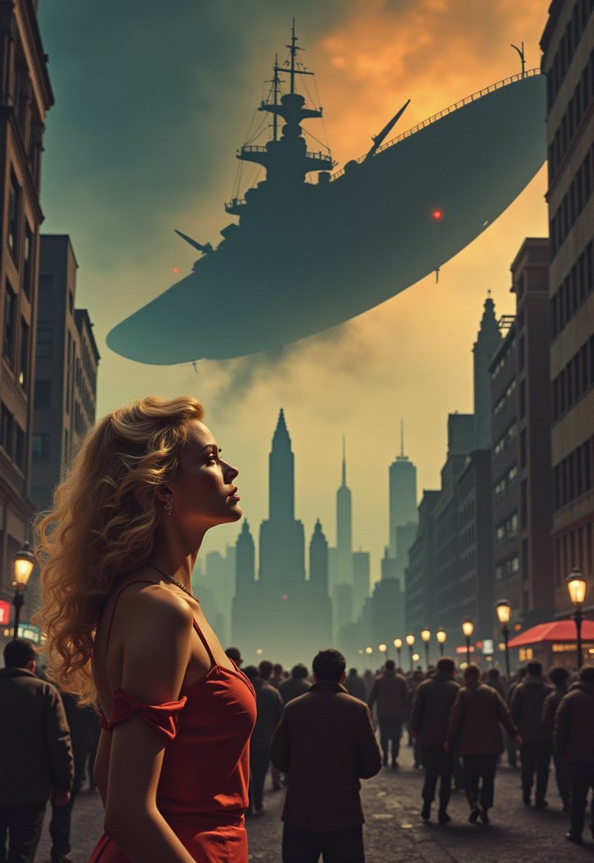   Old, Vintage: 1.2), (SF movie poster: 1.3), ((big title, THE FLYING BATTLESHIP, subtitles: 1.3)), (a beautiful blonde woman, looks up at the sky in amazement, as she is shocked by a huge spaceship that looks like a battleship that appears in the sky: 1.2), New York, over Manhattan, the people are panicking, (eerie, shadow, gloomy, dark atmosphere: 1.1)