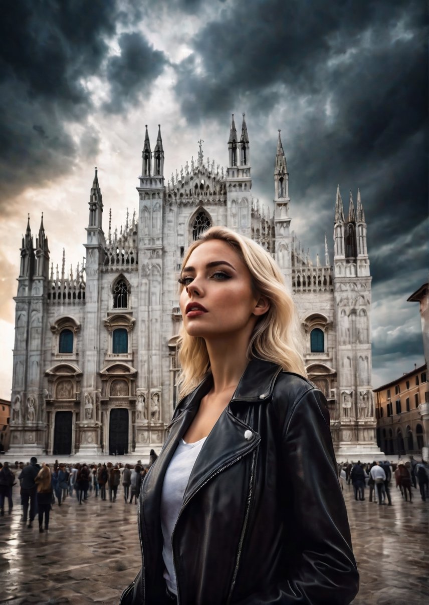 landscape, standing a beautiful american blonde woman, in front of Italian cathedrals, eerie skies, dramatic angles, realistic and detailed horror movie style, surreal, masterpieces,