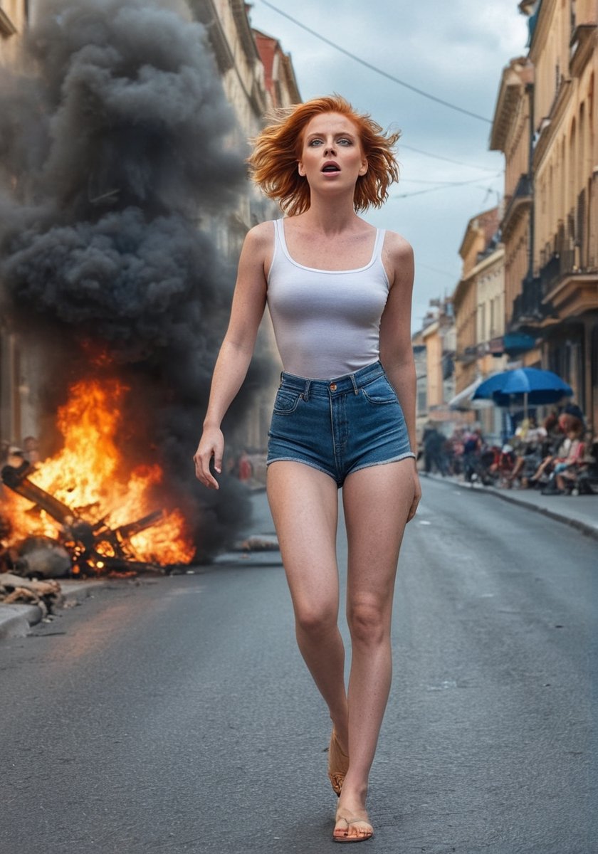 Ultra-realistic photo, ultra-realistic photo, beautiful and aesthetic, top quality, (masterpiece: 1.2), attractive woman, encountering a terrorist bombing, full body angle, 30 years old, short jeans, bare feet, cute face, cute, ginger bob hair , (Eyes Closed, Mouth Open), Low Angle, big Burning Town, Cinematic Shot, RAW Photo, HDR, 16K Resolution, Super Detailed, Super Detailed, (Visually Captivating Exquisite Angle ) Create immersive stories, highly detailed backgrounds, and more. Detailed XL,