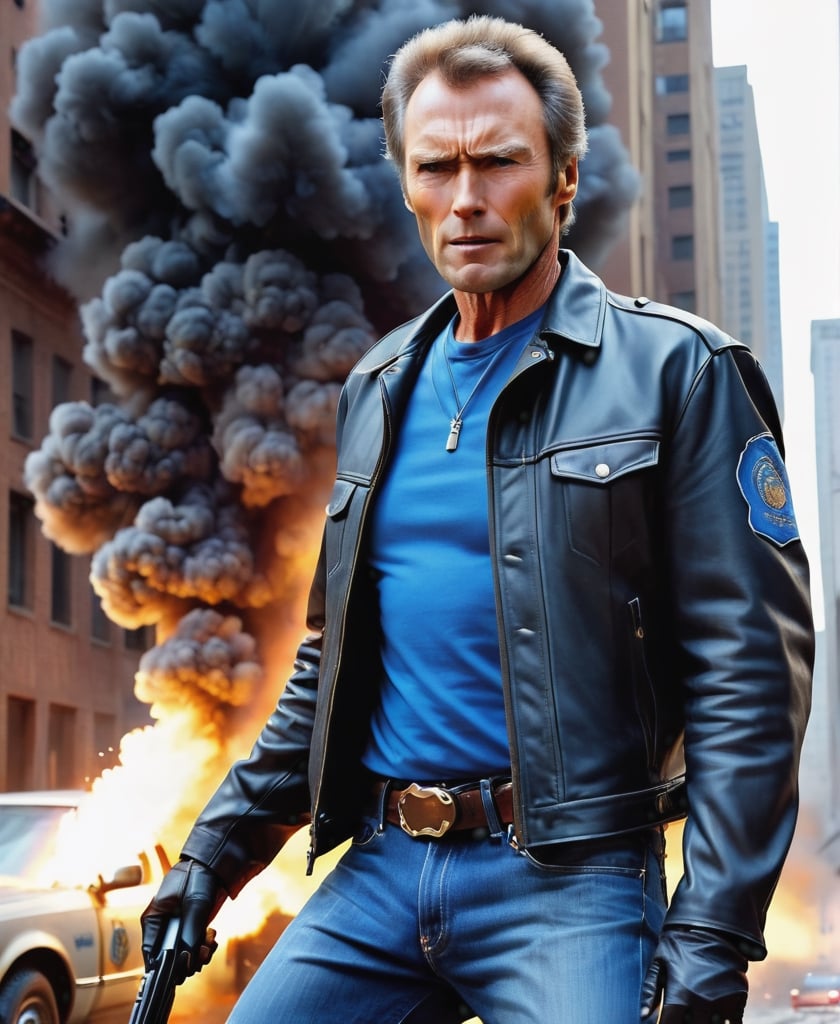 man in their 30s, Clint Eastwood, detailed faces, muscular body, black rider jacket, jeans, shotguns that fired with blue shirts, American roads, gangs, enemies are great explosions, masterpieces Ends the headquarters of the resolution. Horror movie style, dramatic angle, art inspired by Gregatokovsky, the headquarters of the most advanced trend art station headquarters. Smooth art bacteria focusing on things