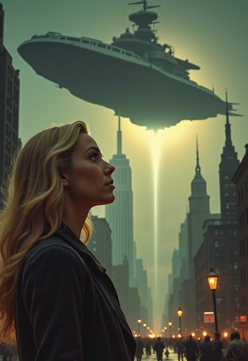   Old, Vintage: 1.2), (SF movie poster: 1.3), (big title, THE FLYING BATTLESHIP, subtitles: 1.3), (Britt Lind: 1.3), (Britt Lind, a beautiful blonde woman, looks up at the sky in amazement, as she is shocked by a huge spaceship that looks like a battleship that appears in the sky: 1.2), New York, over Manhattan, the people are panicking, (eerie, shadow, gloomy, dark atmosphere: 1.1)