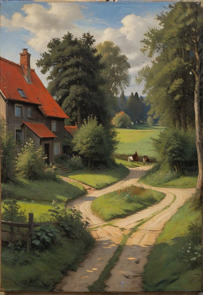 (Soft Lighting Photography), Dark environment, Black on black, Very detailed, Stunning painting in the style of Anders Zorn and Alexi Briklod, Oil on canvas, A detailed and realistic painting of a rural landscape with a dirt path leading to a quaint old house. The layout features a central path surrounded by lush trees reminiscent of early spring. The house has a tiled roof and white walls, showing signs of age and wear. (There are two figures) ,  a woman in red dress and a man in white clothes, both standing near the house. There are also cats and dogs scattered along the path, adding to the pastoral atmosphere. The sky is partly overcast with patches of blue visible here and there. The painting features the artist's signature and the words "In Hell" in the bottom right corner.