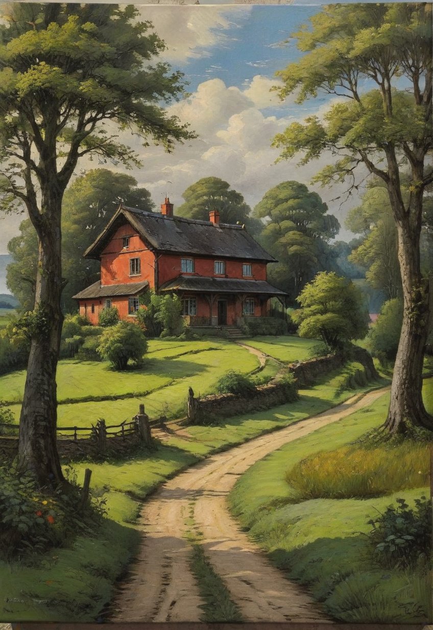 (Soft Lighting Photography), Dark Environment, Black on Black, Very Detailed, Stunning Painting, Oil on Canvas, A detailed and realistic painting of a rural landscape with a dirt path leading to a quaint old house. The layout features a central path surrounded by lush trees reminiscent of early spring. The house has a tiled roof and white walls, showing signs of age and wear. (There are two figures), ((a woman in a red dress and a man in white are conversing on the path)), creating a rural atmosphere. The sky is partly overcast with patches of blue visible here and there.